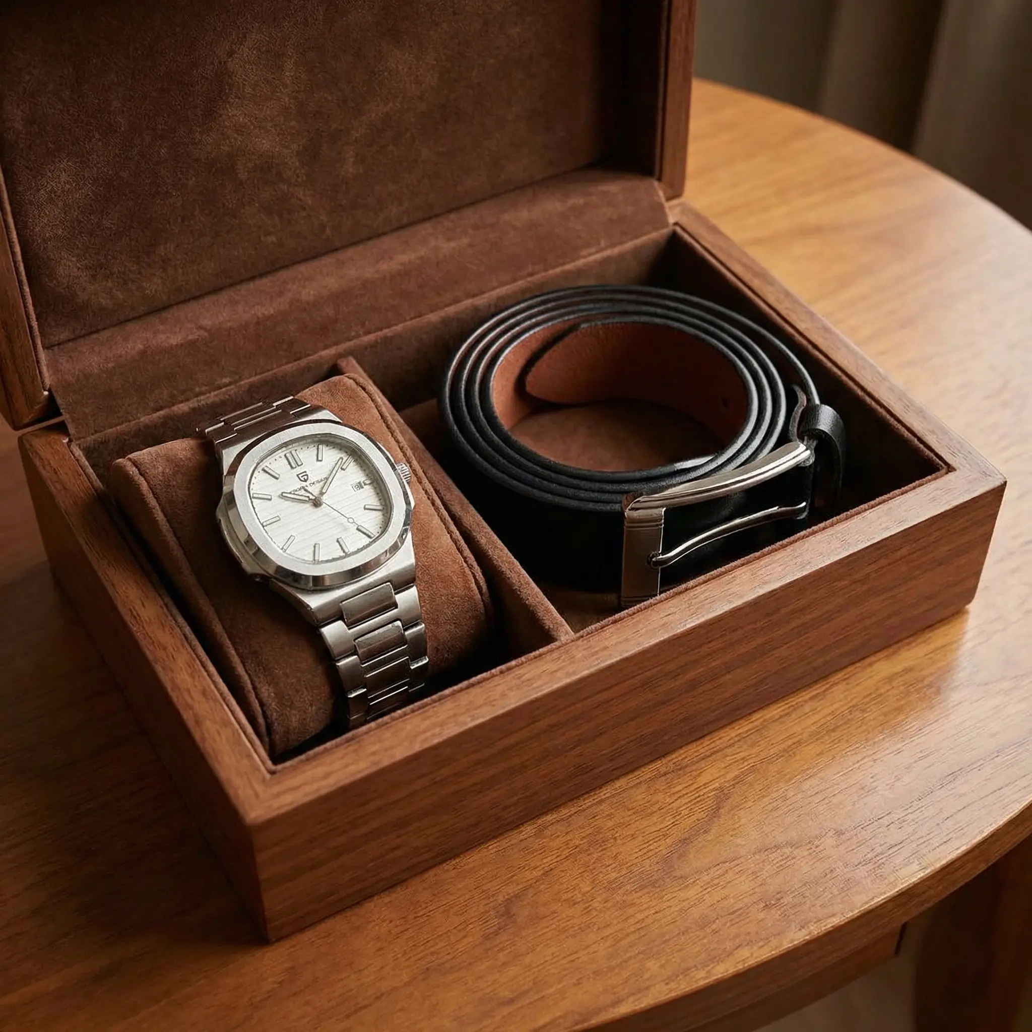 প্রিমিয়াম জেন্টস কম্বো: স্টাইলিশ ওয়াচ এবং উড ওয়ার্ড এর আকর্ষণীয় বেল্ট